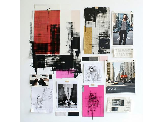 Mood board for North Threads Apparel collection featuring swatches, street photography, and design sketches
