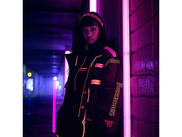 Moody night shot from Fall 2022 collection showcasing dark-toned streetwear with neon accents