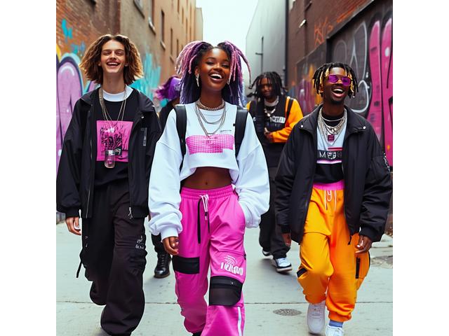 Spring 2023 outdoor streetwear look featuring energetic models, urban backgrounds, and vibrant accents