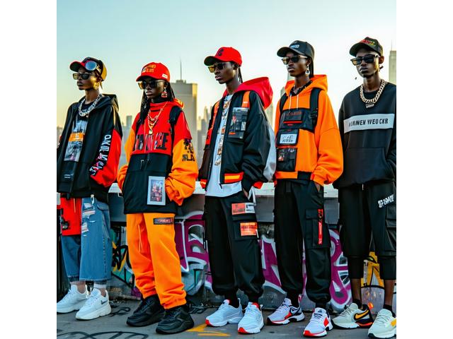 Editorial photo of Spring 2023 collection urban streetwear featuring models in vibrant layered clothes on city rooftops