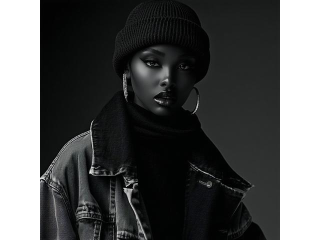 Stylized black and white portrait photo from Winter 2021 collection featuring layered streetwear with bold textures